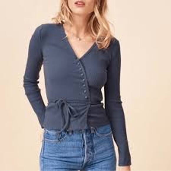 Rouje Julien Ribbed V-Neck Wrap Top Brown Tie Waist Slim Quiet Luxury Clean Girl - Picture 8 of 8